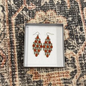 Fossil Hexagonal Stone Dangle Earring, Brass and Burnt Orange